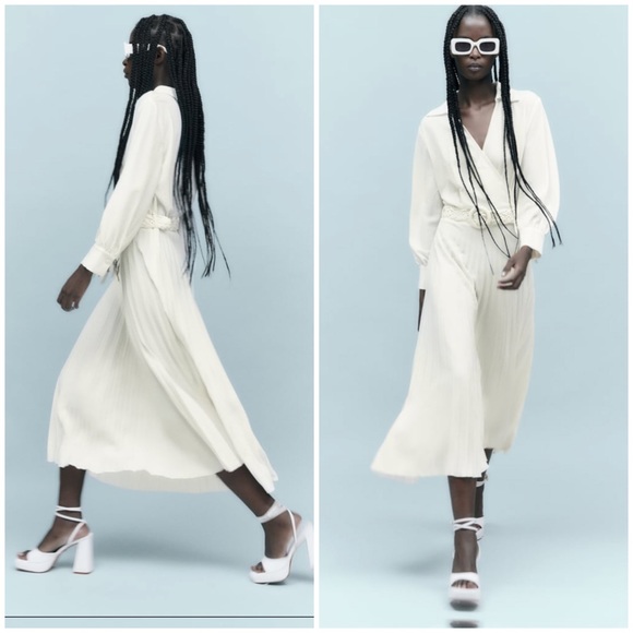 Zara Dresses & Skirts - Zara pleated dress ,woven belt 2023 , designer